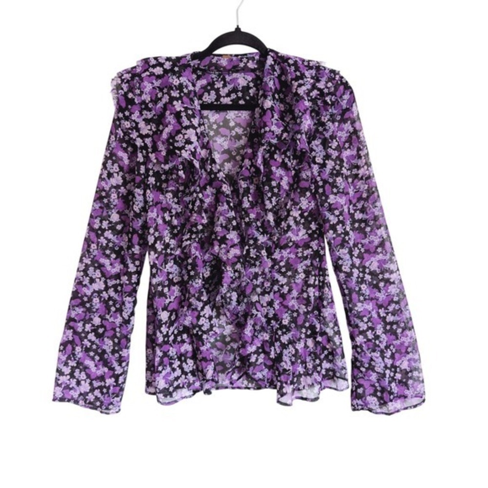 Free People Whimsy Goth Earthy Dark Floral Sheer Bell Sleeve Ruffle Neck Blouse